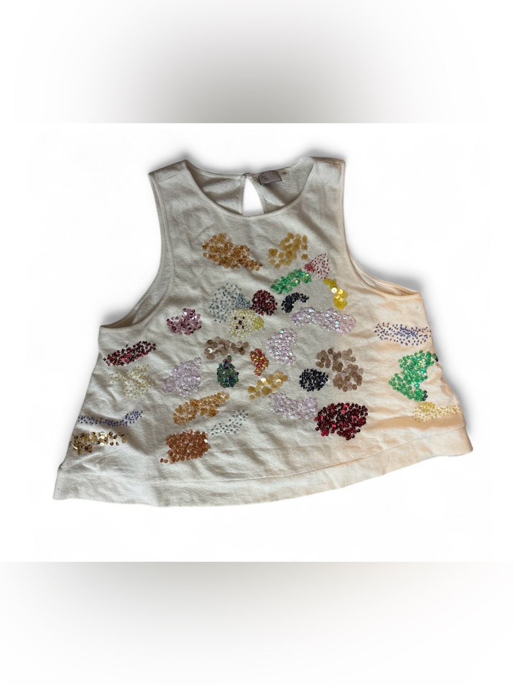 Sequin-Embellished Cream Sleeveless Crop Top